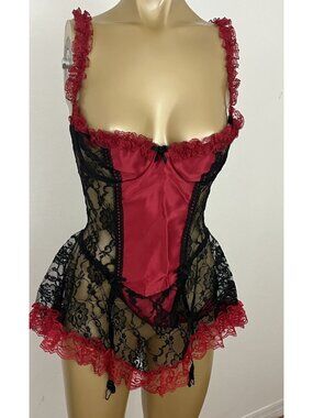 Sharron Leslie Women's L Nylon & Lace One Piece Teddy Lingerie Garters Red Black